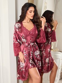 LuxeNights Lace Patchwork Faux Silk Floral Print Camisole Dress And Robe Set - Red - View 5