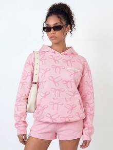 SHEIN Teen Girls Back To School Fall Winter Sweatshirt, Pink Coquette Bow Print Pullover Sweatshirt, Back Puff Graphic Letter Streetwear Loose Casual Tops - Pink - View 4