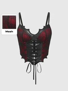 ROMWE Goth Dark & Sexy Y2K Lady PU Leather Splicing Spiderweb Lace Hem Bat Shape Black & Red Contrast Color Corset-Like Tank Top For Women Graphic Tees Women Tops - Multicolor - View 1