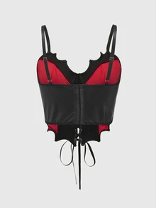 ROMWE Goth Dark & Sexy Y2K Lady PU Leather Splicing Spiderweb Lace Hem Bat Shape Black & Red Contrast Color Corset-Like Tank Top For Women Graphic Tees Women Tops - Multicolor - View 4