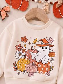 SHEIN 淺杏色可愛萬聖節復古田園風彩色小南瓜卡通小鬼圖案 Trick Or Treat，超可愛完全不恐怖，女嬰休閒簡約圓領套頭衛衣＋喇叭褲兩件套，新版適合日常萬聖節、南瓜季、感恩節、秋季氛圍、家庭秋季出遊，Boo! - 彩色 - 查看 5