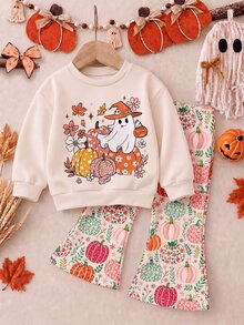 SHEIN 淺杏色可愛萬聖節復古田園風彩色小南瓜卡通小鬼圖案 Trick Or Treat，超可愛完全不恐怖，女嬰休閒簡約圓領套頭衛衣＋喇叭褲兩件套，新版適合日常萬聖節、南瓜季、感恩節、秋季氛圍、家庭秋季出遊，Boo! - 彩色 - 查看 2