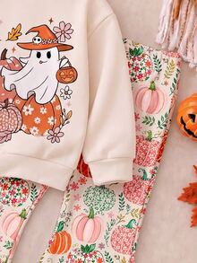 SHEIN 淺杏色可愛萬聖節復古田園風彩色小南瓜卡通小鬼圖案 Trick Or Treat，超可愛完全不恐怖，女嬰休閒簡約圓領套頭衛衣＋喇叭褲兩件套，新版適合日常萬聖節、南瓜季、感恩節、秋季氛圍、家庭秋季出遊，Boo! - 彩色 - 查看 6