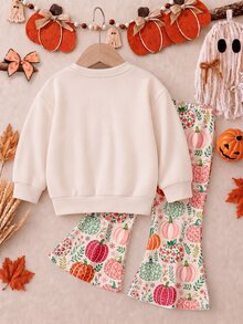 SHEIN 淺杏色可愛萬聖節復古田園風彩色小南瓜卡通小鬼圖案 Trick Or Treat，超可愛完全不恐怖，女嬰休閒簡約圓領套頭衛衣＋喇叭褲兩件套，新版適合日常萬聖節、南瓜季、感恩節、秋季氛圍、家庭秋季出遊，Boo! - 彩色 - 查看 3
