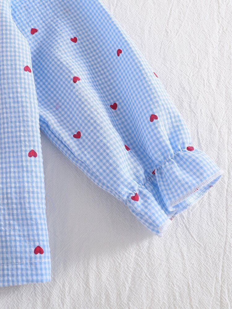 SHEIN Woven Fabric Printed Heart Plaid Children Girls Cardigan With Collar Ruffle Trim Long Sleeve Pants Spring Autumn/Winter Pajamas Homewear Blue Fairy - Blue and White - View 6