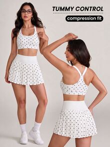 SHEIN Sports Polka Dot Print Halter Top & Pleated Skort 2 Pieces Sports Set - White - View 2