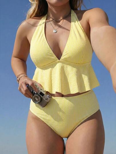 Swim Lushoire 2026 Spring/Summer Hot-Selling New Special Fabric 2-Piece Detachable Padded Bikini Set, Sexy Deep V-Neck With Shoulder Straps And Cute Bow, Unique Skirt-Style Top And Traditional High-Waist Triangle Bottom, Casual Fashion Vacation Style Mature Beach Swimwear