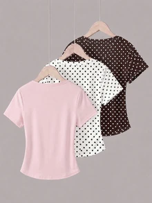 Kids Tween Girls Simple Casual Waist Ruched 3pcs Pieces Set T-Shirt With Cartoon Pattern, Suitable For Summer - Multicolor - View 3