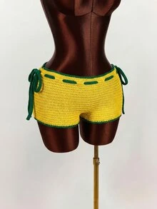 Amplova 2026 New Dopamine Color Vacation Women Knitted Mini Shorts - Yellow - View 4