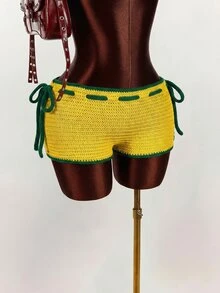 Amplova 2026 New Dopamine Color Vacation Women Knitted Mini Shorts - Yellow - View 10