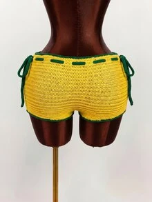 Amplova 2026 New Dopamine Color Vacation Women Knitted Mini Shorts - Yellow - View 9