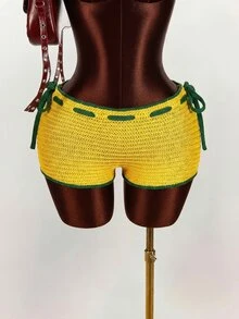 Amplova 2026 New Dopamine Color Vacation Women Knitted Mini Shorts - Yellow - View 8