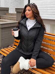 SHEIN EZwear معطف شتوي مبطن كاجوال يومي بسحاب بلون موحد للنساء بمقاسات كبيرة - الأسود - مشاهدة 4