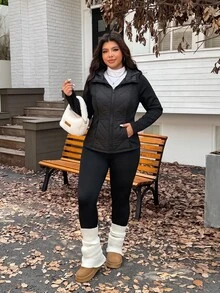 SHEIN EZwear معطف شتوي مبطن كاجوال يومي بسحاب بلون موحد للنساء بمقاسات كبيرة - الأسود - مشاهدة 6