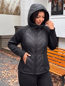 SHEIN EZwear معطف شتوي مبطن كاجوال يومي بسحاب بلون موحد للنساء بمقاسات كبيرة - الأسود - مشاهدة 3