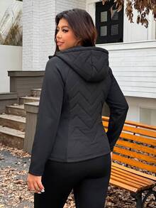 SHEIN EZwear معطف شتوي مبطن كاجوال يومي بسحاب بلون موحد للنساء بمقاسات كبيرة - الأسود - مشاهدة 2