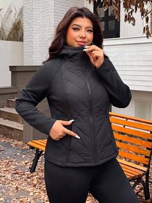 SHEIN EZwear معطف شتوي مبطن كاجوال يومي بسحاب بلون موحد للنساء بمقاسات كبيرة - الأسود - مشاهدة 5