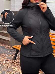 SHEIN EZwear معطف شتوي مبطن كاجوال يومي بسحاب بلون موحد للنساء بمقاسات كبيرة - الأسود - مشاهدة 1