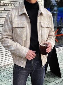 AKNOTIC 男士翻領拉鍊休閒百搭日常旅行長袖夾克，春季，戶外 - 杏色 - 查看 9