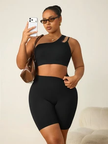SHEIN Rhythm Era Plus Size Solid Color Minimalist Versatile Tight Fit Sports Shorts Yoga Gym Black Summer - White - View 7