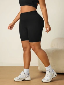 SHEIN Rhythm Era Plus Size Solid Color Minimalist Versatile Tight Fit Sports Shorts Yoga Gym Black Summer - White - View 8