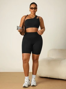 SHEIN Rhythm Era Plus Size Solid Color Minimalist Versatile Tight Fit Sports Shorts Yoga Gym Black Summer - White - View 6