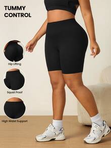 SHEIN Rhythm Era Plus Size Solid Color Minimalist Versatile Tight Fit Sports Shorts Yoga Gym Black Summer - White - View 1