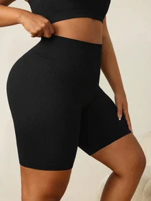SHEIN Rhythm Era Plus Size Solid Color Minimalist Versatile Tight Fit Sports Shorts Yoga Gym Black Summer - White - View 4
