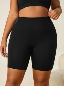 SHEIN Rhythm Era Plus Size Solid Color Minimalist Versatile Tight Fit Sports Shorts Yoga Gym Black Summer - White - View 3