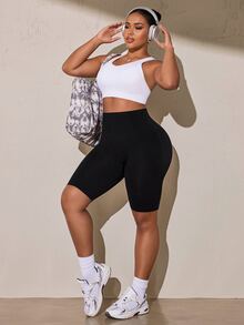 SHEIN Rhythm Era Quần short thể thao nữ size lớn cạp cao dệt kim không đường may - màu đen - Xem 7