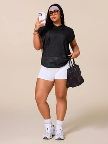 SHEIN Rhythm Era Women's Plus Size Solid Color Hooded Casual Versatile Daily Travel Sports T-Shirt - Black - View 7