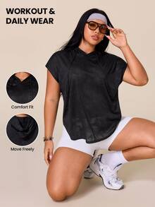 SHEIN Rhythm Era Women's Plus Size Solid Color Hooded Casual Versatile Daily Travel Sports T-Shirt - Black - View 1