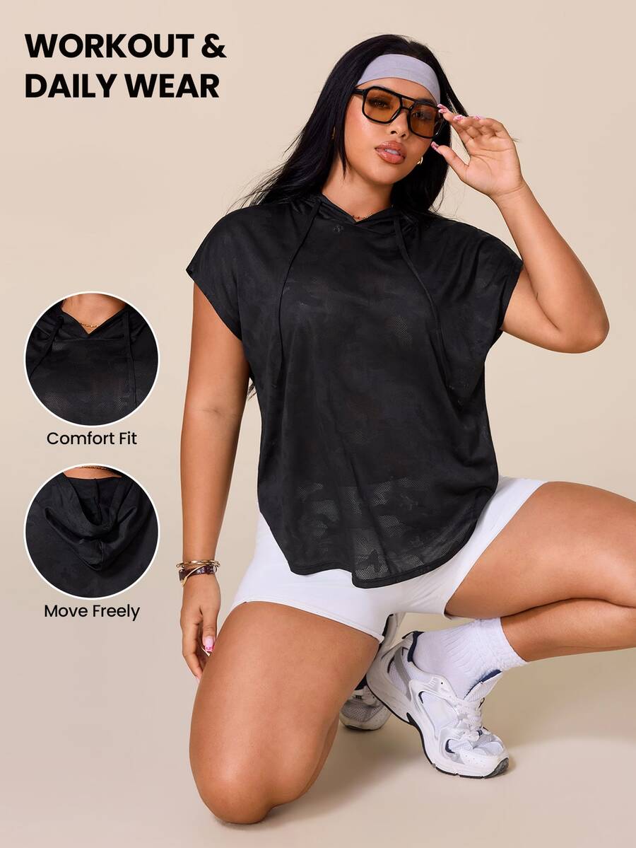 SHEIN Rhythm Era Women's Plus Size Solid Color Hooded Casual Versatile Daily Travel Sports T-Shirt - Black - View 1