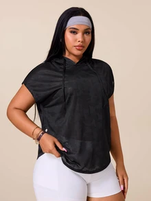 SHEIN Rhythm Era Women's Plus Size Solid Color Hooded Casual Versatile Daily Travel Sports T-Shirt - Black - View 6
