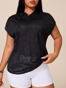 SHEIN Rhythm Era Women's Plus Size Solid Color Hooded Casual Versatile Daily Travel Sports T-Shirt - Black - View 4