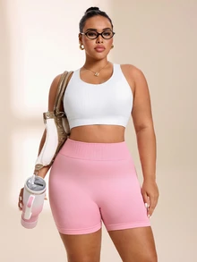 SHEIN Rhythm Era Women's Plus Size Simple Casual Sports Shorts For Running And Fitness - Pink - View 7
