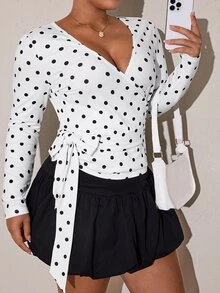 SHEIN Rhythm Era Women's All-Season Polka Dot Casual Minimalist Energetic Sports Plus Size T-Shirt Fall - White - View 7