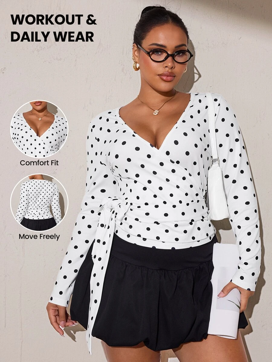 SHEIN Rhythm Era Women's All-Season Polka Dot Casual Minimalist Energetic Sports Plus Size T-Shirt Fall - White - View 1