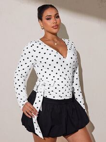 SHEIN Rhythm Era Women's All-Season Polka Dot Casual Minimalist Energetic Sports Plus Size T-Shirt Fall - White - View 4