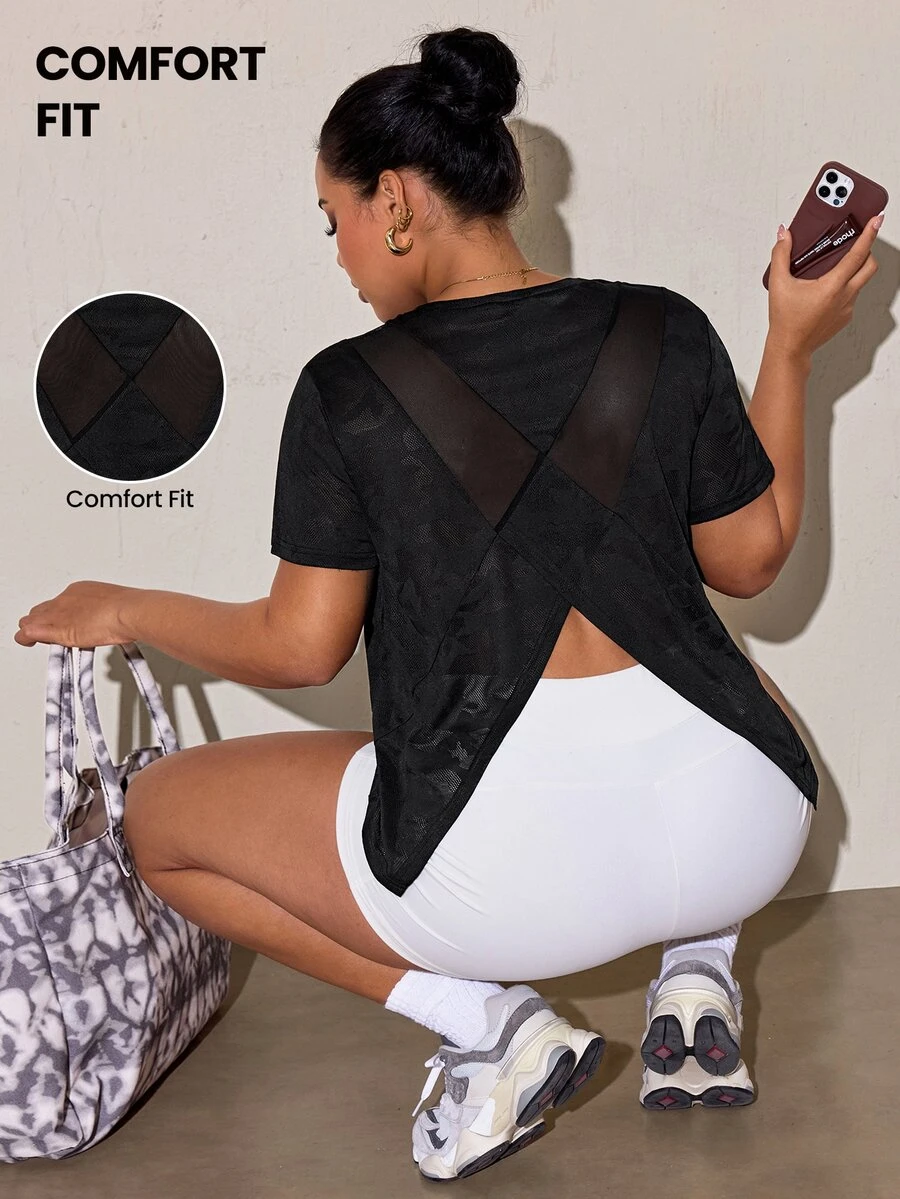 SHEIN Rhythm Era Women's Plus Size Sleeveless Sports Yoga Gym Tank Top T-Shirt With Mesh Back Panel And Inverted V-Neck - Black - View 1