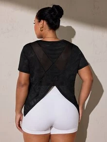 SHEIN Rhythm Era Women's Plus Size Sleeveless Sports Yoga Gym Tank Top T-Shirt With Mesh Back Panel And Inverted V-Neck - Black - View 3