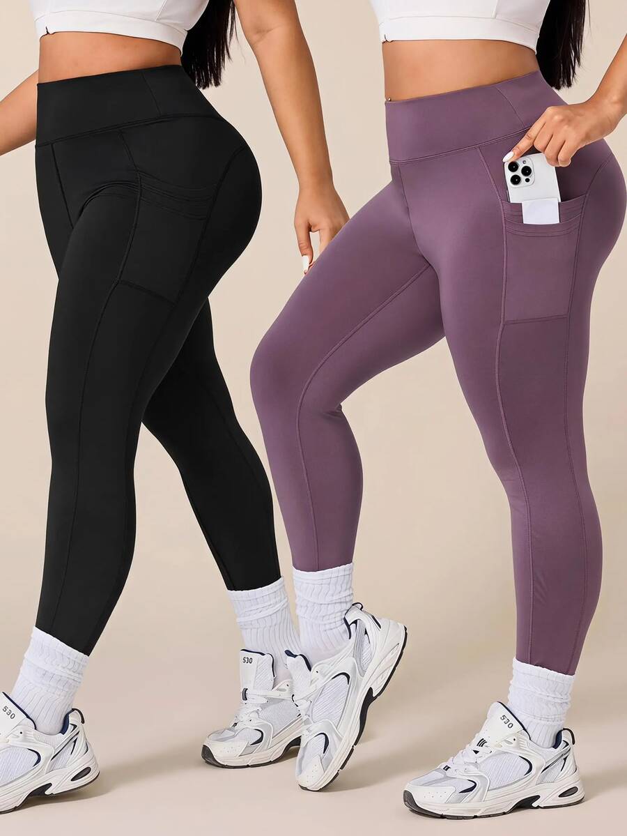 SHEIN Rhythm Era 女款大尺碼瑜伽運動緊身褲組合包,戶外健身房健身適用,輕盈 M-Line 修飾臀部,波點印花,側邊口袋 - 彩色 - 查看 1