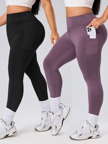SHEIN Rhythm Era 女款大尺碼瑜伽運動緊身褲組合包，戶外健身房健身適用，輕盈 M-Line 修飾臀部，波點印花，側邊口袋 - 彩色 - 查看 9