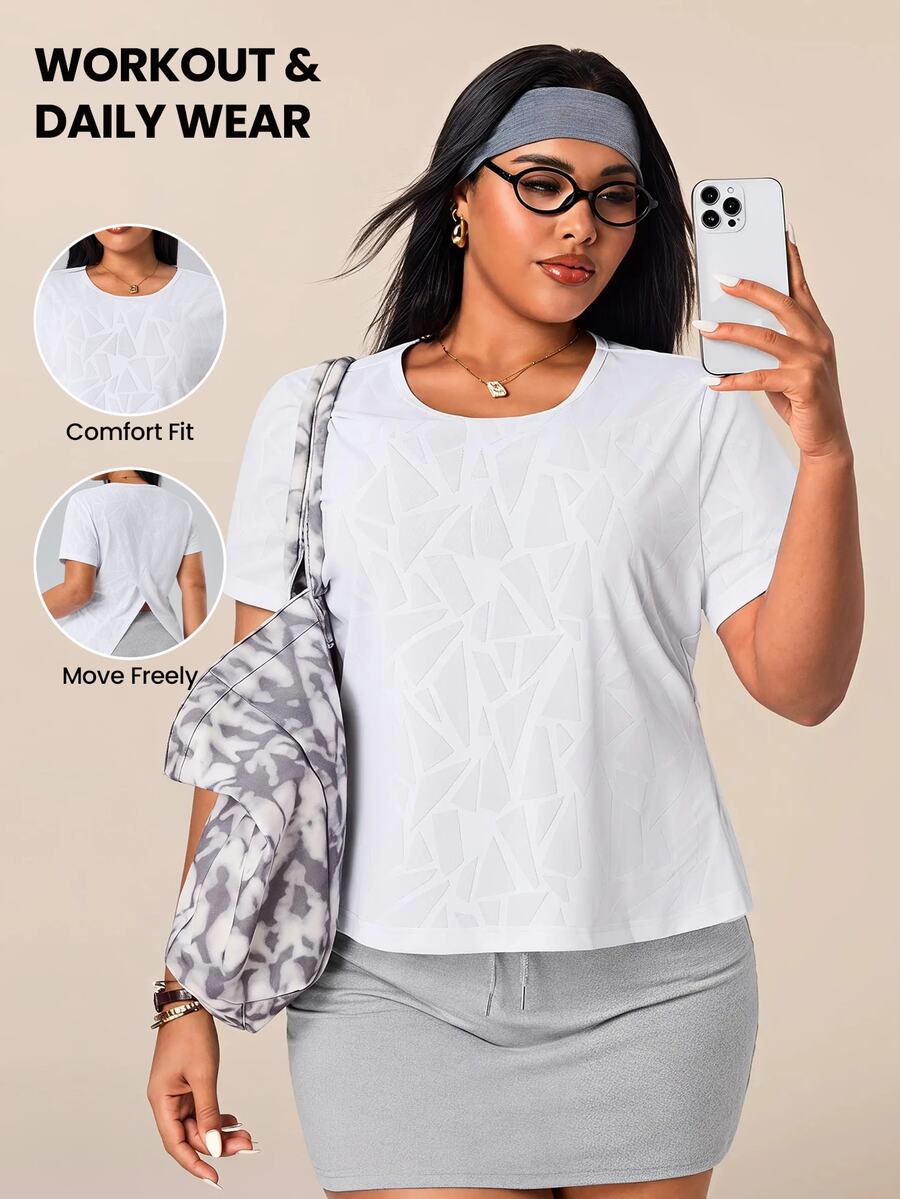SHEIN Sports Women's Spring/Summer Casual Minimalist Textured Fabric Active Sports Plus Size T-Shirt - White - View 1