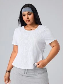 SHEIN Sports Women's Spring/Summer Casual Minimalist Textured Fabric Active Sports Plus Size T-Shirt - White - View 4