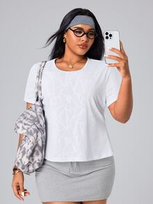 SHEIN Sports Women's Spring/Summer Casual Minimalist Textured Fabric Active Sports Plus Size T-Shirt - White - View 8