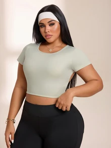 SHEIN Rhythm Era Women's Plus Size Solid Color Backless Cropped Sports T-Shirt - Baby Pink - View 4