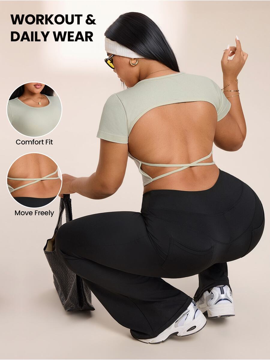 SHEIN Rhythm Era Women's Plus Size Solid Color Backless Cropped Sports T-Shirt - Baby Pink - View 1