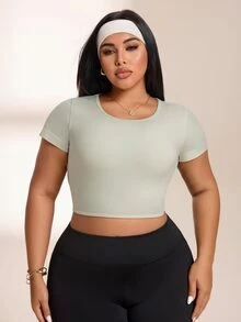 SHEIN Rhythm Era Women's Plus Size Solid Color Backless Cropped Sports T-Shirt - Baby Pink - View 6