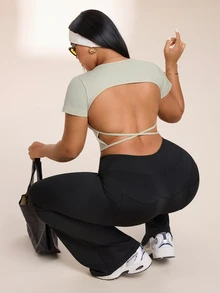 SHEIN Rhythm Era Women's Plus Size Solid Color Backless Cropped Sports T-Shirt - Baby Pink - View 7